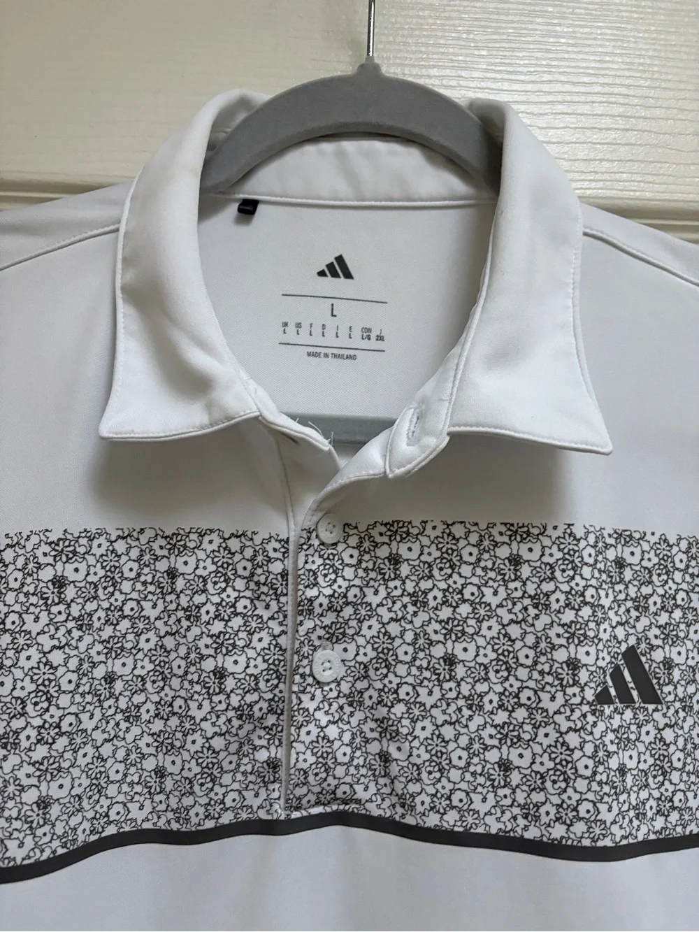 adidas White Polo with Gray Floral Chest Panel
